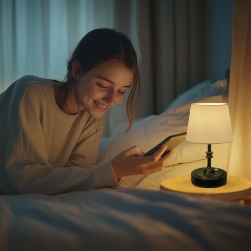 ONEWISH 2 Pack Small Cordless Lamp, Battery Operated Table lamp Dimmable, 4000mAh Rechargeable, Touch Bedside Lamp with White Fabric Shade, 2700K Bulb Included, for Dining, Patio, Bathroom(Black) - Image 5
