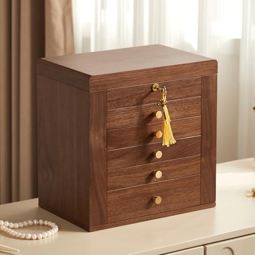 CHOSIN Black Walnut Wooden Jewelry Box for Women with Lock, Mirror, 6 Layer - Image 2
