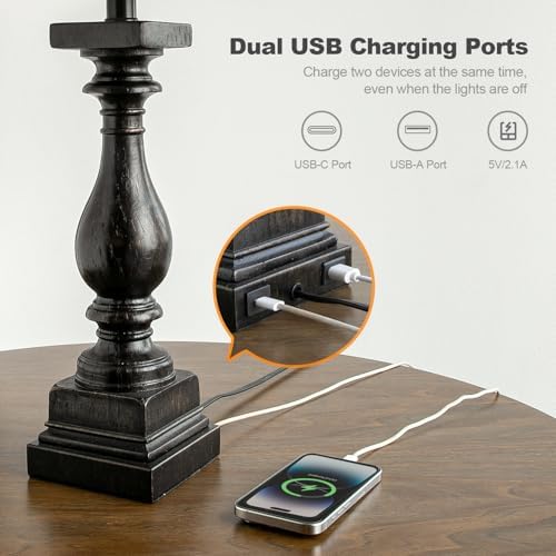 BOBOMOMO 27" Farmhouse Black Table Lamp Set of 2 with USB A+C for Bedroom Living Room Vintage Rustic Traditional Nightstand Bedside Lamps Retro Side Table Lamps (Blubs not Included) - Image 2