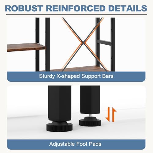 DUMOS Triple Column 4 Tier Bookshelf, Wide Industrial Bookcase, Brown - Image 6