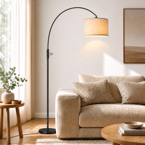 Arc Floor Lamps with Remote Control and Stepless Dimmable Color Temperature and Brightness Standing Lamp with Adjustable Beige Hanging Shade Pole Lamp for Bedroom Office, 9W Bulb Included, Black by CNXIN