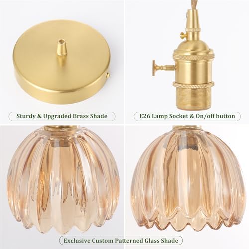Shenmoyl Pendant Light 2 Pack with Amber Tulip Glass Lmapshade, Brass Vintage Pendant Light Adjustable Hanging Light for Kitchen Island Dining Room Hallway - Image 4