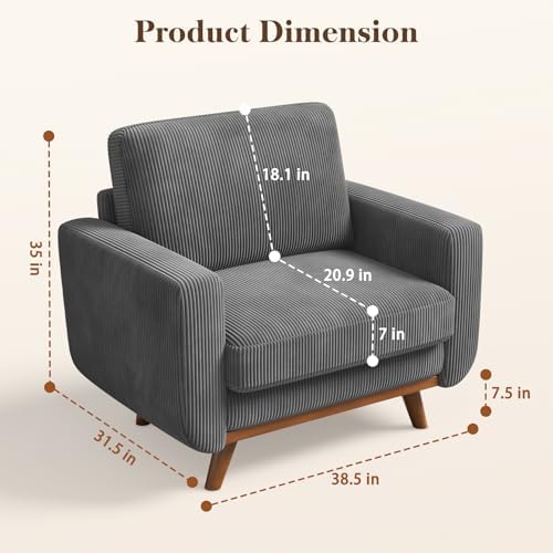 Vesgantti 38.5" Accent Chair Dark Gray, Comfy Corduroy Single Sofa Seat with Spring Cushion, Upholstered Armchair with Deep Seat, Reading Chair for Adults, Modern Sofa for Living Room, Bedroom - Image 2
