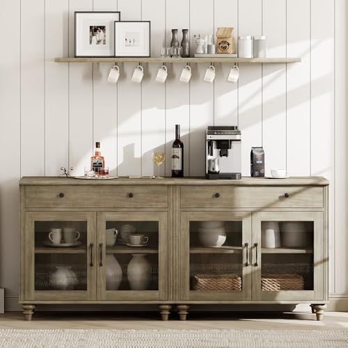 WAMPAT Sideboard Buffet Cabinets with 4 Glass Doors, Kitchen Storage Cabinets, Wooden Coffee Bar Tables with Vintage Gourd Leg, Accent Sideboard Credenza Table for Dining Room, Living Room, Wash Grey by WAMPAT