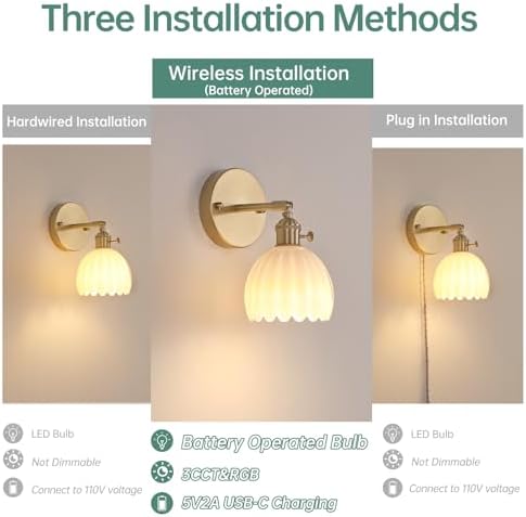 Shenmoyl Vintage Battery Operated Wall Sconce with White Tulip Glass Lampshade Rechargeable Battery Powered Wall Light with Remote Control for Bedside Bedroom Doorway, Set of 2 - Image 3