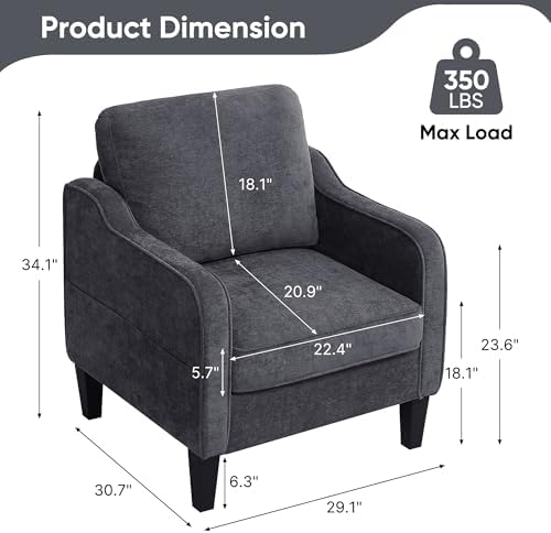 Accent Chairs Set of 2, Upholstered Living Room Chairs with Side Pocket, Mid Century Modern Reading Chair for Bedroom, Comfy Armchair Single Sofa Side Chair for Office, Small Room, Dark Grey - Image 2