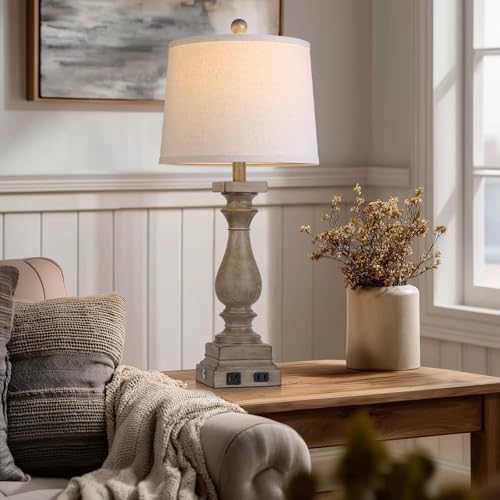 28" Tall Farmhouse Table Lamp with USB C+A Ports and AC Outlet, 3 Way Touch Control Rustic Bedside Lamp for Bedroom, Brown Vintage Nightstand Lamp for Living Room Office - Image 6