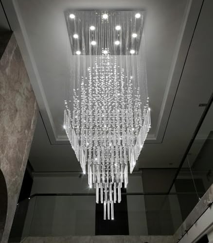 HAIXIANG W32 x H120 Glam Chandelier with LED Bulbs Square Chandeliers, Crystal Raindrop High Ceiling Pendant Light for Entrance Large Villa Chandelier Foyer Lighting Fixtures Silver - Image 3