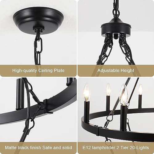 Black Wagon Wheel Chandelier 2 Tier 20-Lights 40 Inch Extra Large Farmhouse Light Fixture Rustic Lighting Round Chandeliers for Dining Room Kitchen Island Foyer Entryway - Image 4