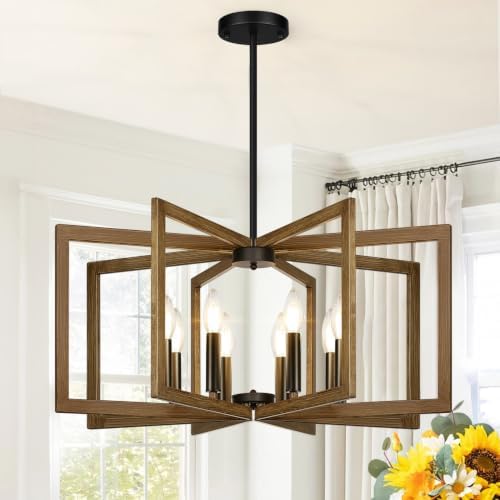 25"-61" Height Adjustable Retro Wood Texture Chandelier for Dining Room, No Assembly Required Dining Room Light Fixture Over Table, Industrial Metal Pendant Lights Fixture for Kitchen Island by BringBrightnesstoYourLife