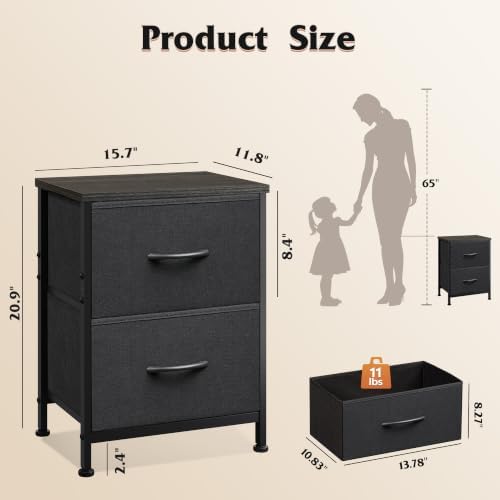 WLIVE Black Night Stand, Small Dresser with 2 Drawers & Wooden Top, Nightstand with Fabric Bins, Bedside Table End Table for Bedroom, Closet, Entryway, College Dorm, Charcoal Black - Image 3