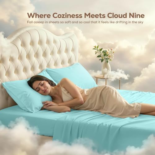Queen Sheets Set, 4 Pieces 16" Deep Pocket Hotel Luxury Bedsheets, Spa Blue - Image 4