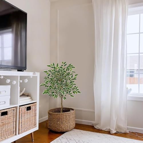 3Ft Ficus Tree Artificial Plants Indoor with Realistic Trunk, Tall Fake Potted Tree Faux Floor Plant, Artificial Tree in Pot for Home Living Room Office Bedroom Corner Decor(Green White) - Image 3