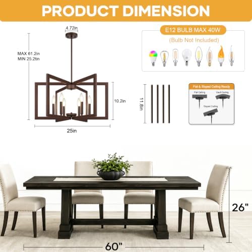 25"-61" Height Adjustable Modern Matte Brown Chandelier for Dining Room, No Assembly Required Brown Dining Room Light Fixture Over Table, Industrial Metal Pendant Lights Fixture for Kitchen Island - Image 5