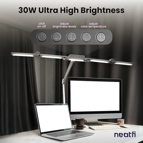 Neatfi Pro LED Desk Lamp | 3,000 Lumens | Dimmable | 360 SMD LEDs, 30W, CRI 95 | Adjustable Light Modes | Task Lamp for Home Office, Study, Workstation (Silver, 44-Inch, CCT with Clamp) - Image 2