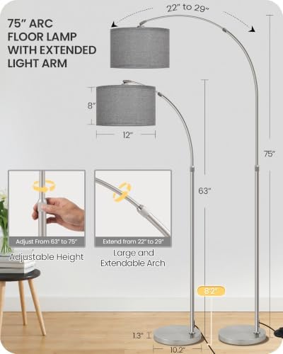 75" Dimmable Silver Arc Lamp with Marble and Metal Base, Adjustable Height - Image 2