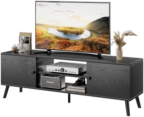 TV Stand for 55 60 inch TV, Modern Mid Century Entertainment Center with Storage, Wooden Media Console Table with 2 Cabinets for Living Room Bedroom, Black by HAPPYMONTLLC