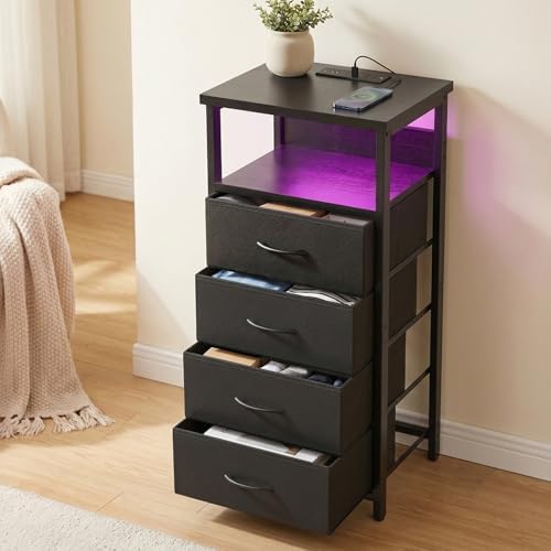 Fixwal Night Stand with Charging Station, Black Led Nightstand, 4 Drawers - Image 7