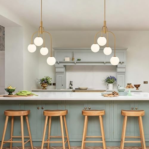 LamQee 4 Lights Mid Century Modern Chandelier, Milk Glass Globe Chandelier Light Fixture with Gold Metal & White Ball, Large Pendant Lighting Ceiling Hanging for Dining Room Kitchen Island Entryway - Image 4