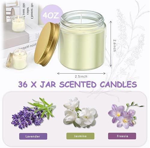 ACITHGL 36 Pcs 4oz Mini Mason Jar Candles Small Scented Candles Bulk Aromatherapy Ideal Souvenir Favors for Wedding Birthday Party (Freesia, Lavender, Jasmine, Gold) - Image 2