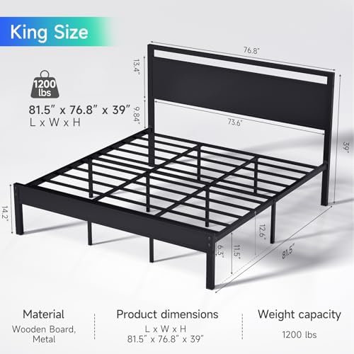 Z-hom Upgraded King Size Bed Frame, Heavy Duty Metal Sturdy King Bed Frame with Modern Wood Headboard & Footboard, Stable Platform Bed Furniture Bed Storage, No Noise, No Box Springs, Black - Image 2