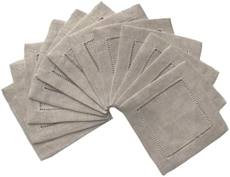 Ladder Hemstitch 100% Natural Linen Cocktail Napkins 4"x4" - A Dozen Cloth Napkin Coasters-Set of 12 Linen Beverage Party Cocktail Napkin by MinhcraftLinens