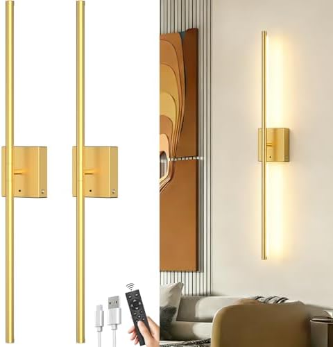 Battery Powered Wall Sconce Set of Two: Gold Wireless Rechargeable Wall Lights with Touch and Remote Control, 360°Rotatable 4CCT Dimmable Cordless Scone Lighting Decor for TV Wall Bedroom Bathroom by iThirdHomeOutdoorLighting