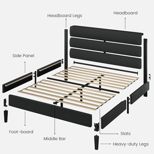 Fluest Queen Bed Frame, Platform Bed Frame with Velvet Upholstered Headboard, No Box Spring Needed, Sturdy Metal Support, Noise Free, Easy Assembly, Modern Bedroom Furniture, Black - Image 6