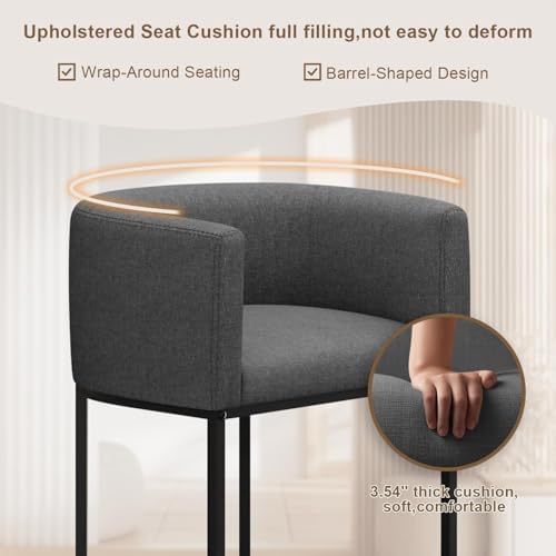 26" H Counter Height Bar Stools Set of 4, Modern Barrel Counter Stools with Backrest and Arms, Linen Fabric Upholstered Accent Barstools for Kitchen Island,Support 450 LBS (Carbon Black) - Image 5