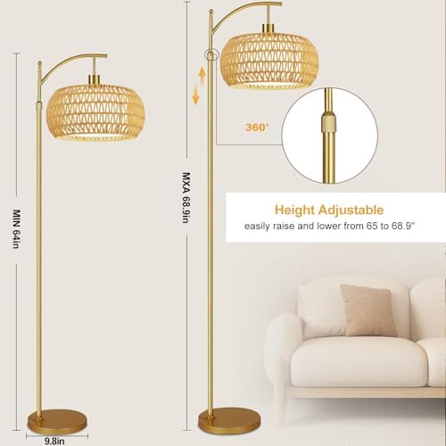 ZECOXOL Gold Floor Lamps for Living Room Rattan Boho Floor Lamp with Remote Control & 3 Color Temperature,Dimmable Arc Floor Lamps Brass Standing Lamp Tall Floor Lamp for Bedroom Living Room Corner - Image 6
