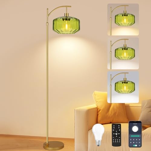 Gold Floor Lamps for Living Room Bedroom,Glass Floor Lamp with Remote Control & Green Lampshade,Arc Dimmable Floor Lamp Mid Century Modern Standing Lamp Vintage Tall Floor Lamps for Bedroom Corner by ZECOXOL