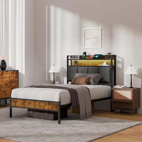Z-hom Twin Bed Frame with 2-Tier Storage Upholstered Headboard,Noise Free by Z-HOM