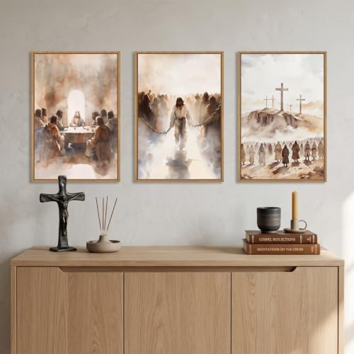 LHIUEM Large Jesus Neutral Framed Canvas Wall Art Set,Christ Church Wall Decor,Christian Bible Story Religious Easter Last Supper Artwork for Living Room,Churches,Prayer Room Decor- 24''x36''x3 - Image 2