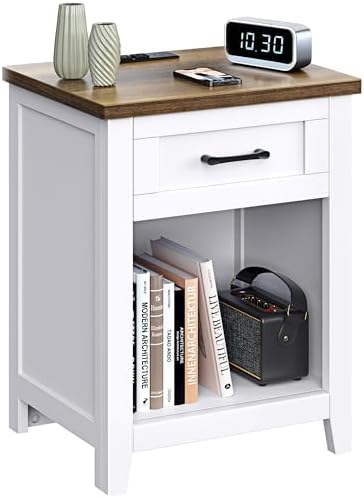 Decofy Farmhouse Nightstand with Charging Station, White & Walnut by Decofy
