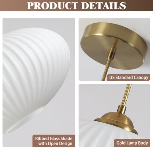 KCO Brass Gold 9.8” Ribbed Milk Glass Adjustable Pendant Light Set of 2 - Image 3