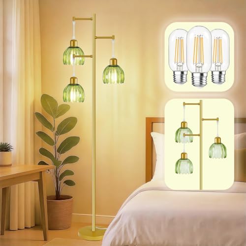 Tree Floor Lamp with 3 Light Bulbs, Vintage 3 Heads Flower Floor Lamp, Tall Gold Vintage Lamps with Brass Base Foot Switch, Boho Standing Lamps for Living Room with Green Glass Flower Shades by BetterLightingBetterLife
