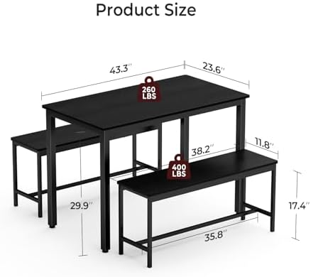 Tatub Dining Table Set for 4, 3-Piece Kitchen Table with 2 Benches - Image 7