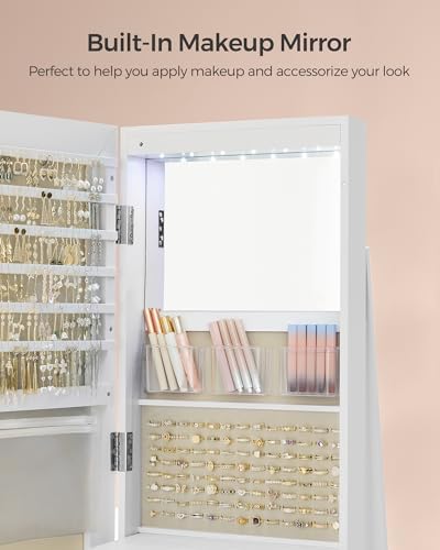 SONGMICS 6 LEDs Mirror Jewelry Cabinet Organizer, 360° Swivel, Lockable - Image 3