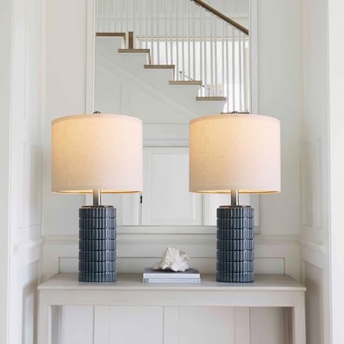 PoKat 20.75" Small Blue Table Lamps, Farmhouse Bedside Lamps for Bedroom Set of 2, Ceramic End Table Lamps for Night Stands Living Room, Modern Nightstand Desk Lamps, Dark Blue - Image 5