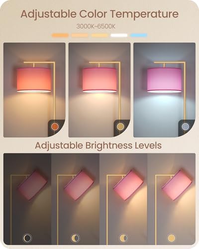 Modern Gold Arc Floor Lamp, Corner Tall Lamp with Remote, Arched Reading Light with Fabric Shade, Floor Lighting for Living Room, Bedroom, Office, Study, Pink, LED Bulb Included, DP11LD05 - Image 2