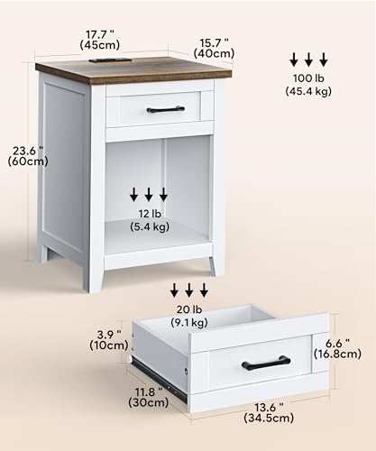 Decofy Farmhouse Nightstand with Charging Station, White & Walnut - Image 3
