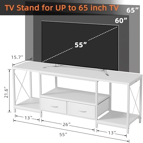 GYIIYUO TV Stand with Fabric Drawers for 55 60 65 Inches TV - Entertainment Center and Industrial TV Console Table with Open Storage Shelves for Living Room, Bedroom - 55.1" White - Image 2