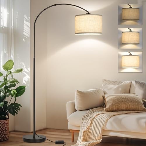 Dimmable Floor Lamp, Arc Floor Lamp with Dimmer, Black Standing Lamp with Adjustable Hanging Shade, Over Couch Tall Reading Light, Modern Pole Lamp for Living Room Bedroom, 9W LED Bulb Included by Seasidevillage