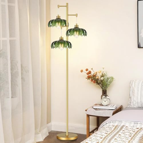 QIYIZM Glass Floor Lamp for Living Room,Bedroom,Mid Century Modern Standing Lamp Brass Tree 3 Light Tall Floor Lamps Vintage Retro Floor Lights Gold Green Flower Lamp Shade Farmhouse Boho Bohemian - Image 6