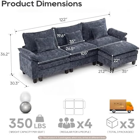 URRED Oversized Modular Sectional Sofa，Blue：122" L Shaped - Image 2