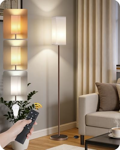 64.2'' Dimmable Floor Lamp for Living Room with Remote and Foot Switch, Corner Floor Lamp for Bedroom, Includes 10W A19 Bulb, Modern Standing Tall Lamp, ETL Listed, Brown and White VCW17LD05 by GOEBLESON