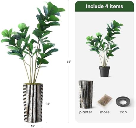 Artificial Tree in Black and Brown Striped Planter, Fake Ficus Lyrata Silk Tree for Indoor and Outdoor Home Decoration - 66" Overall Tall (Plant Pot Plus Tree) - Image 3