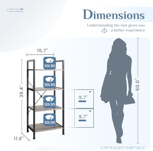 DUMOS 4 Tiers Open Bookshelf, Classic Freestanding Tall Display Shelf, Multifunctional Storage Organizer Rack for Living Room Home Office, Sturdy Bookcase for CDs/Books/Movies, Wood Grey - Image 3