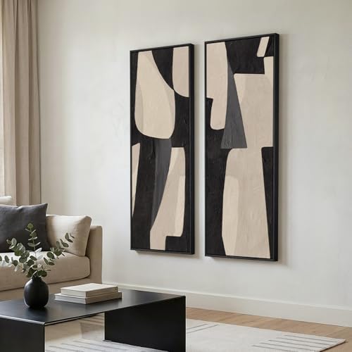 Framed Black Beige Abstract Long Vertical Wall Art for Living Room, 2 Piece - Image 2