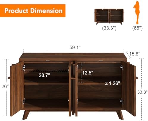 knoworld 59" Sideboard Buffet Cabinet with Storage, Modern Credenza, Brown - Image 2